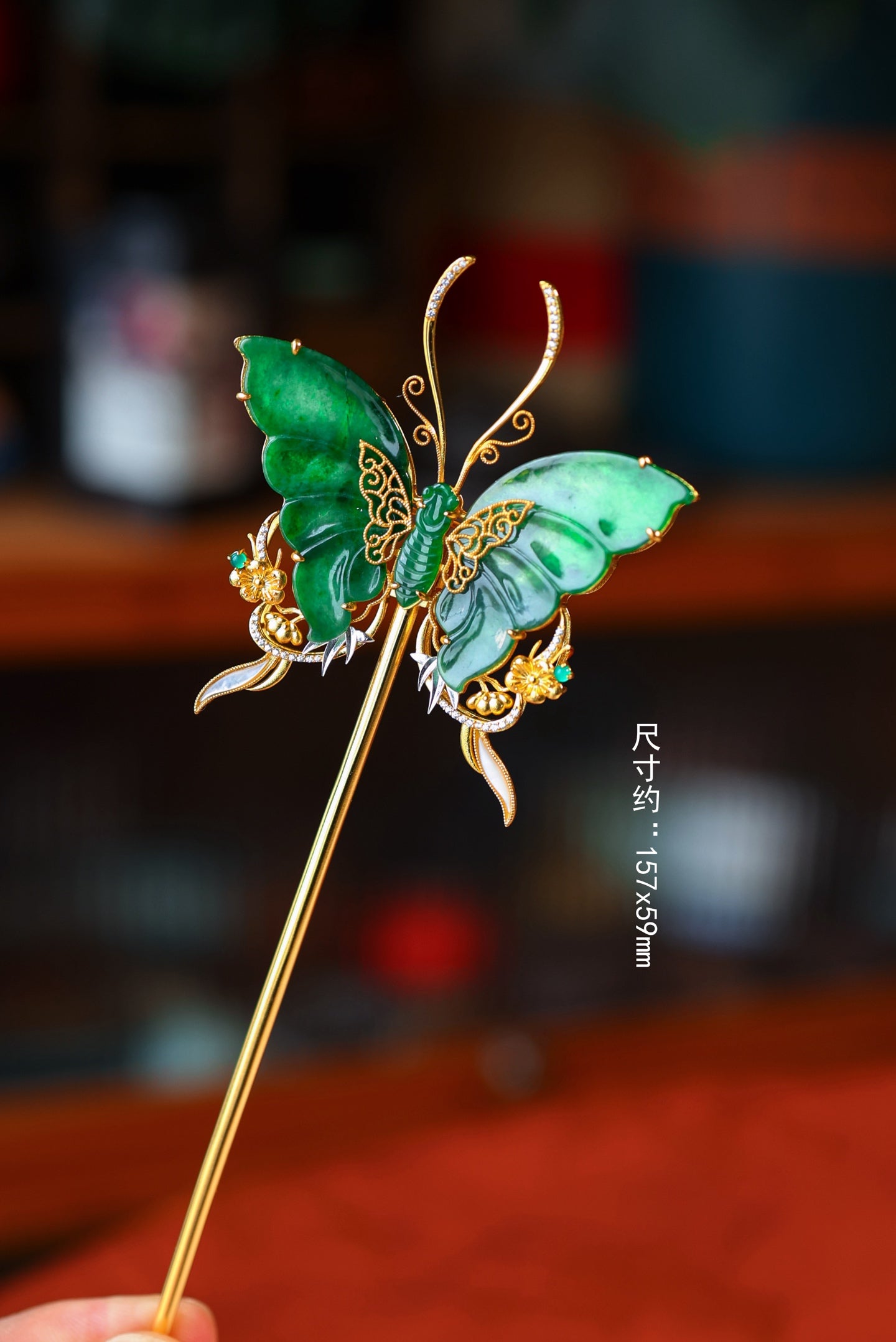 A2126 Exquisite Silver Plated Gilt Gold Inlay Jadeite Butterfly Hairpin