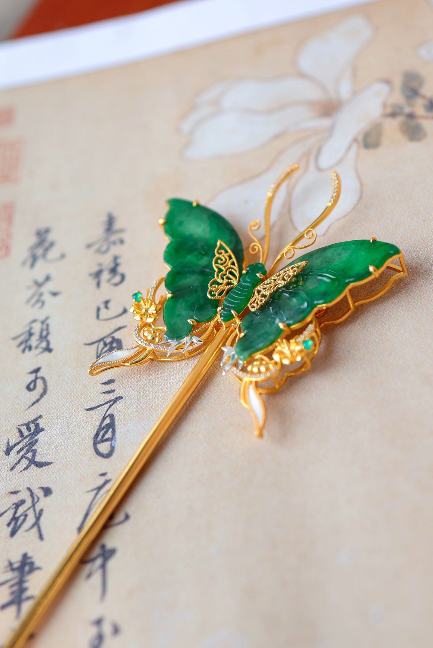 A2126 Exquisite Silver Plated Gilt Gold Inlay Jadeite Butterfly Hairpin