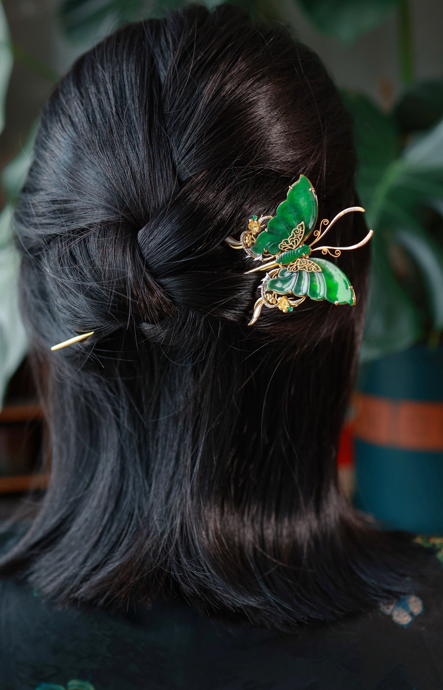 A2126 Exquisite Silver Plated Gilt Gold Inlay Jadeite Butterfly Hairpin