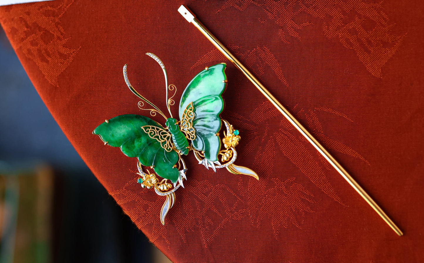 A2126 Exquisite Silver Plated Gilt Gold Inlay Jadeite Butterfly Hairpin