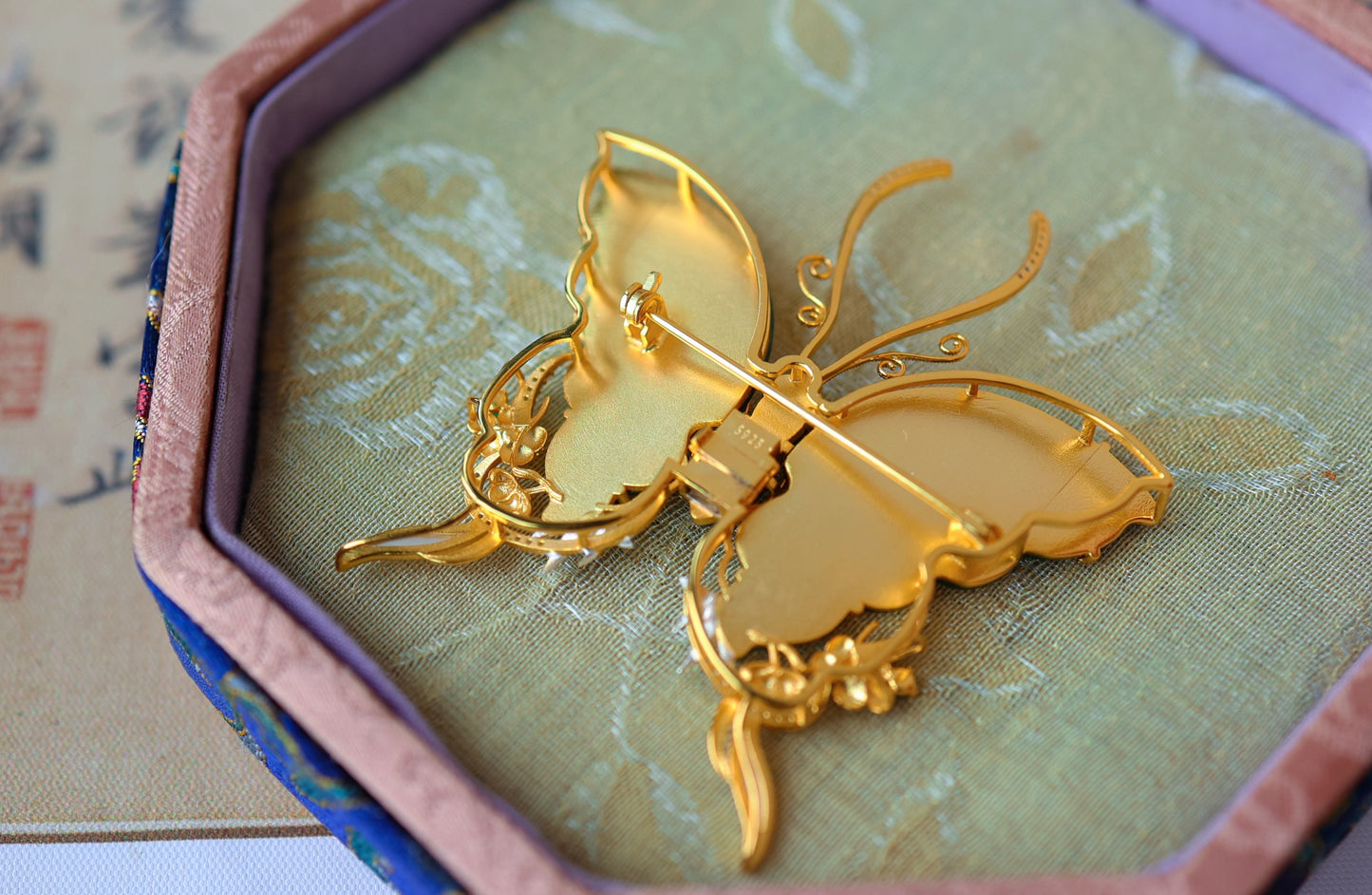 A2126 Exquisite Silver Plated Gilt Gold Inlay Jadeite Butterfly Hairpin