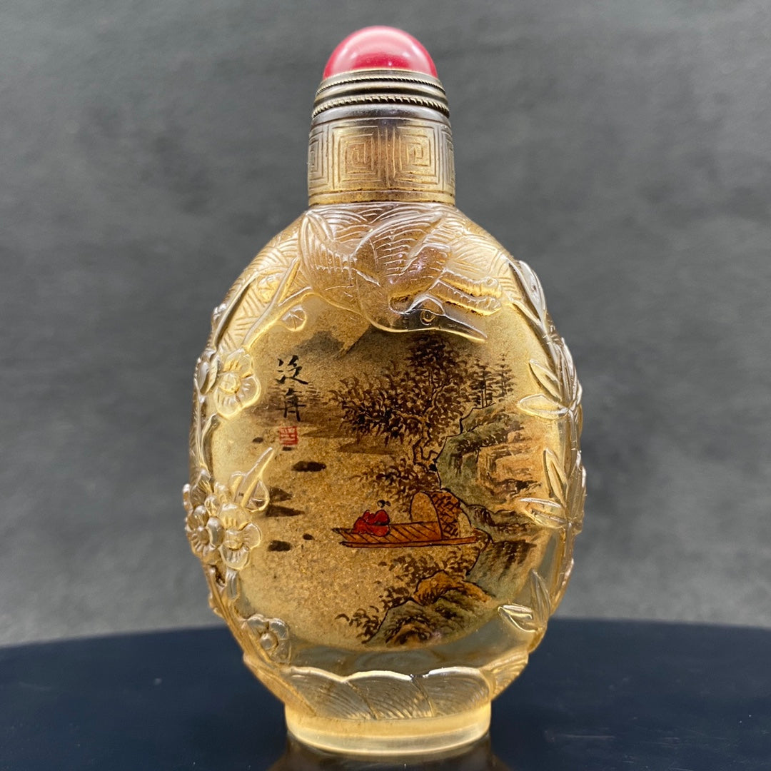 A2133 Old Chinese Peking Glass Inside Painting Mountain River Scene Design Snuff Bottle w Stopper