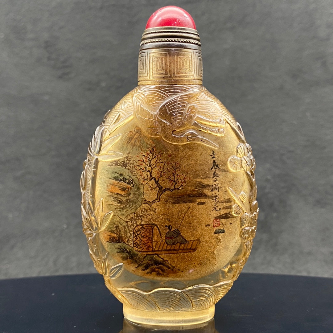 A2133 Old Chinese Peking Glass Inside Painting Mountain River Scene Design Snuff Bottle w Stopper