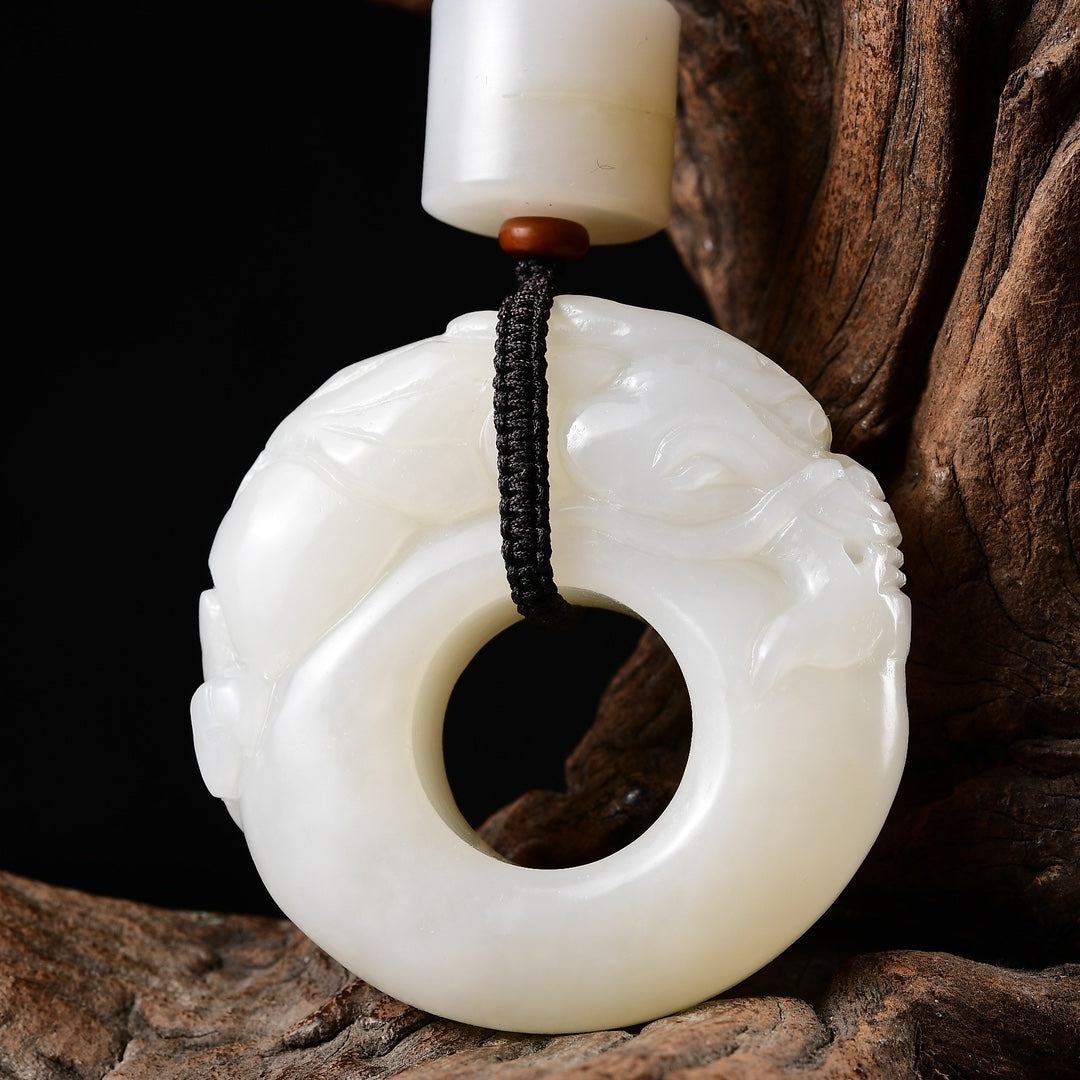 A2138 Superb Chinese White Hetian Jade Fortune Dragon Ring Pendant w Certificate