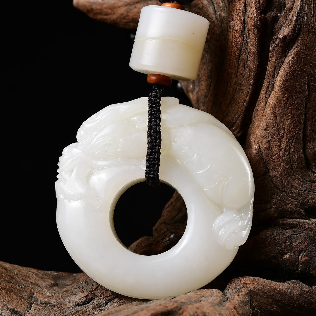 A2138 Superb Chinese White Hetian Jade Fortune Dragon Ring Pendant w Certificate