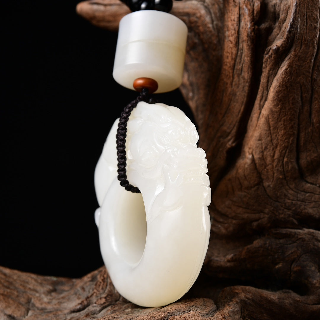 A2138 Superb Chinese White Hetian Jade Fortune Dragon Ring Pendant w Certificate