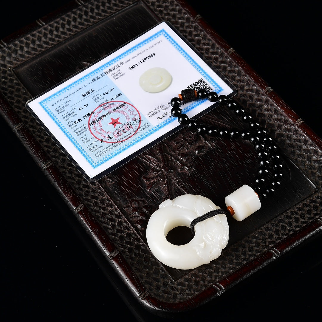 A2138 Superb Chinese White Hetian Jade Fortune Dragon Ring Pendant w Certificate