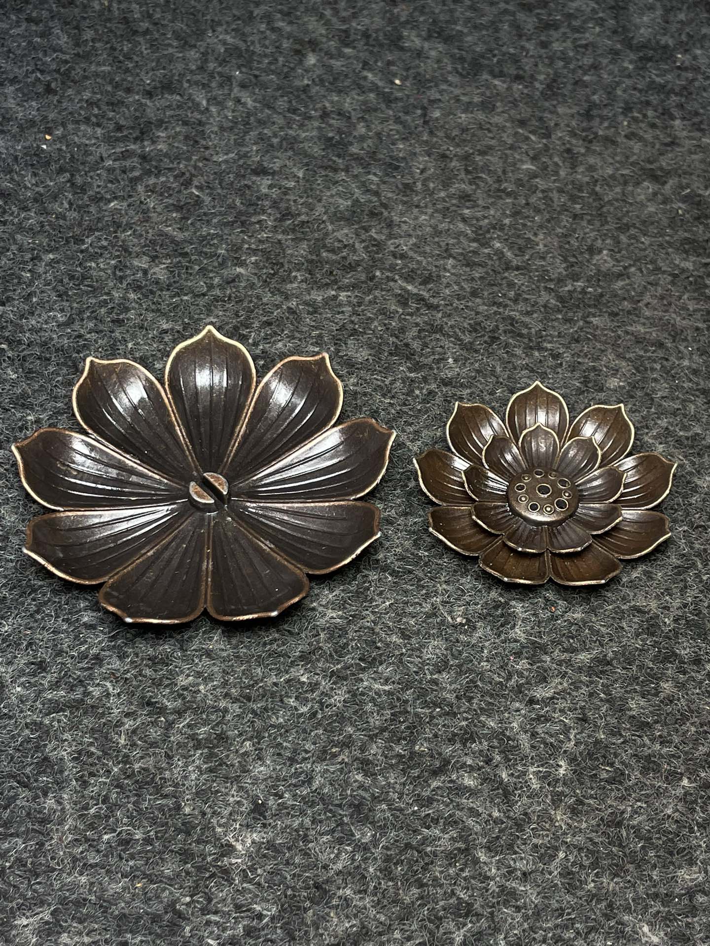 A2141 Vintage Chinese Copper Lotus Flower Incense Burning Tool & Huali Wood Inlay Gem Box
