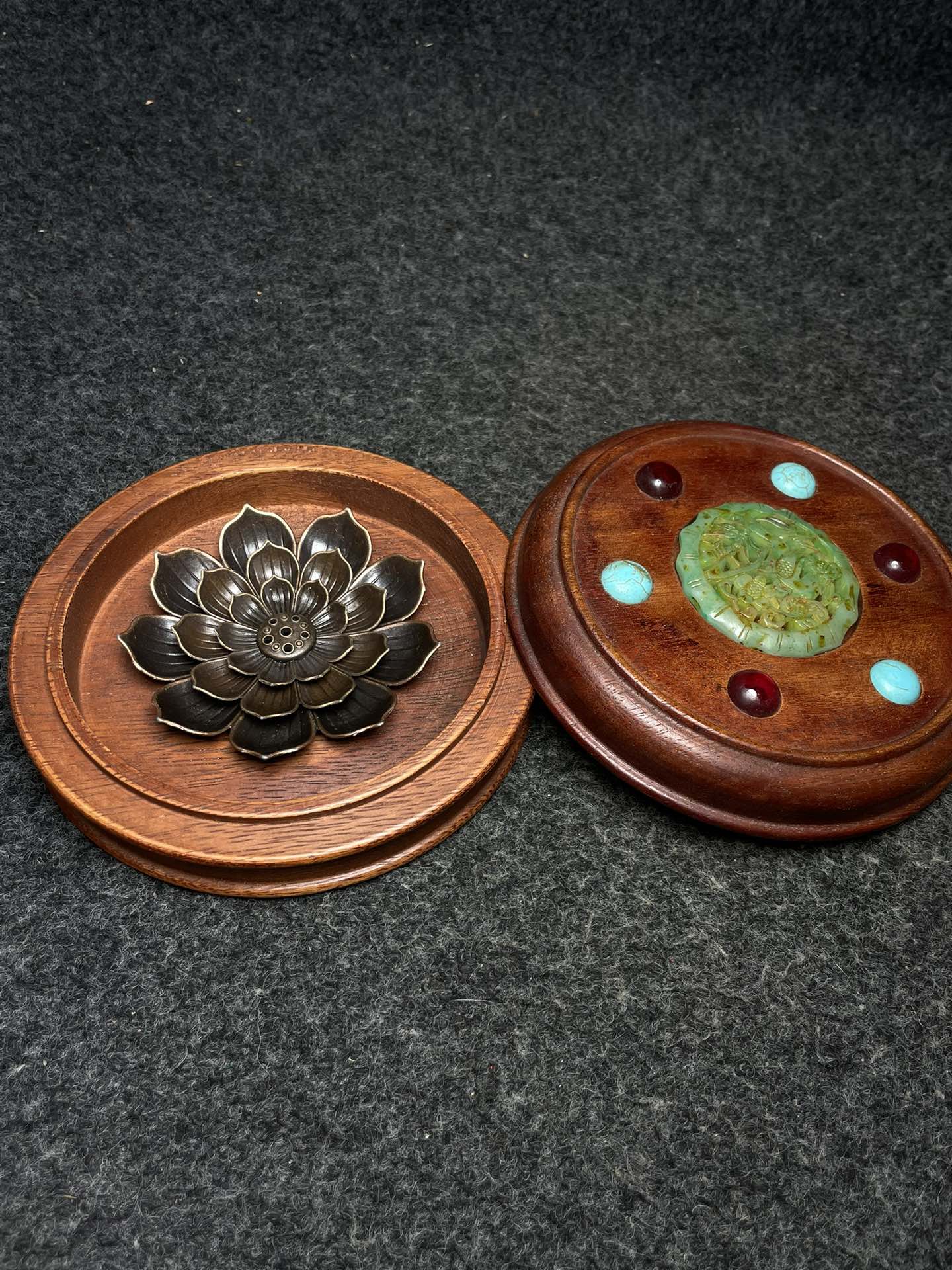 A2141 Vintage Chinese Copper Lotus Flower Incense Burning Tool & Huali Wood Inlay Gem Box