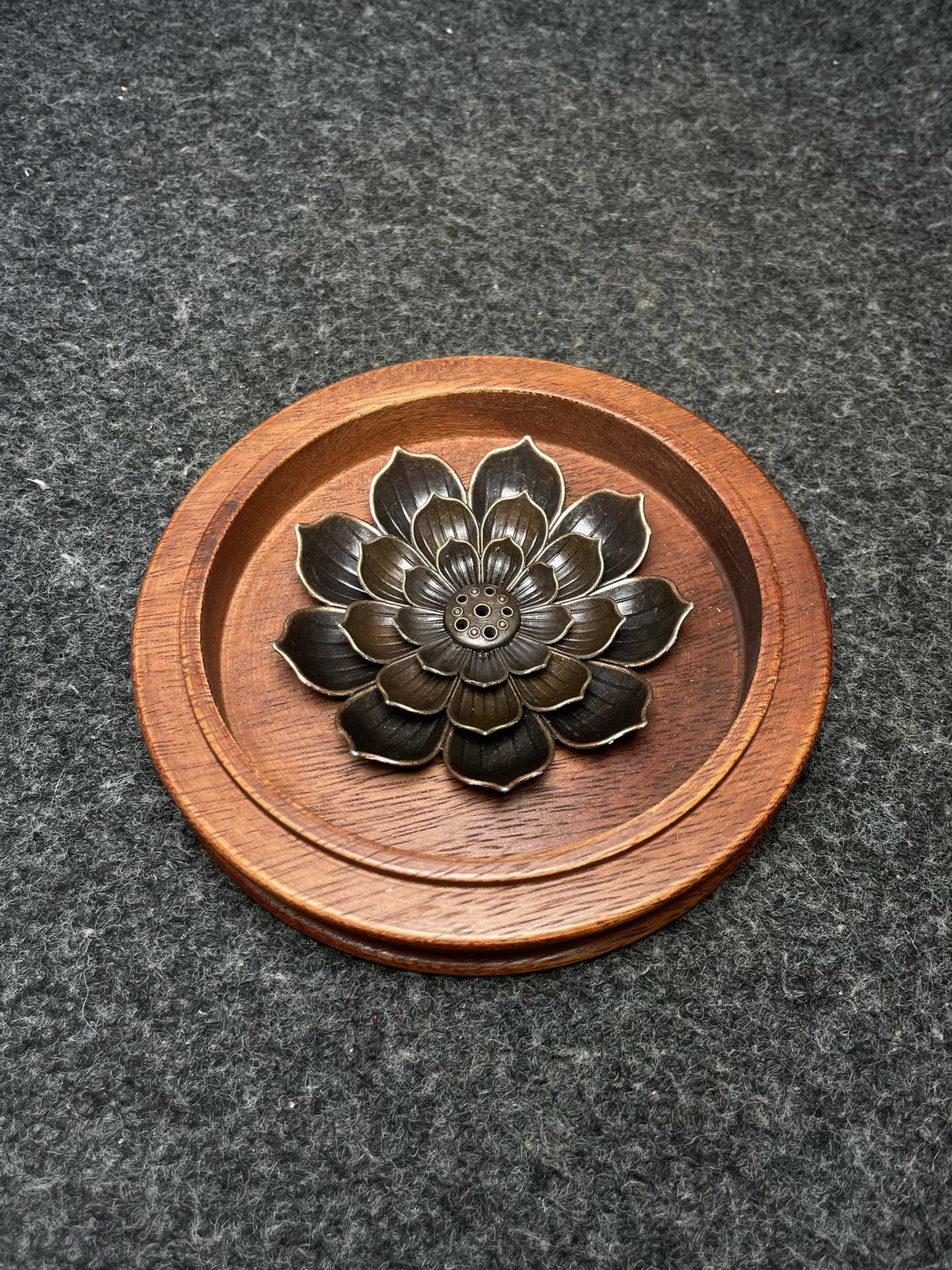 A2141 Vintage Chinese Copper Lotus Flower Incense Burning Tool & Huali Wood Inlay Gem Box