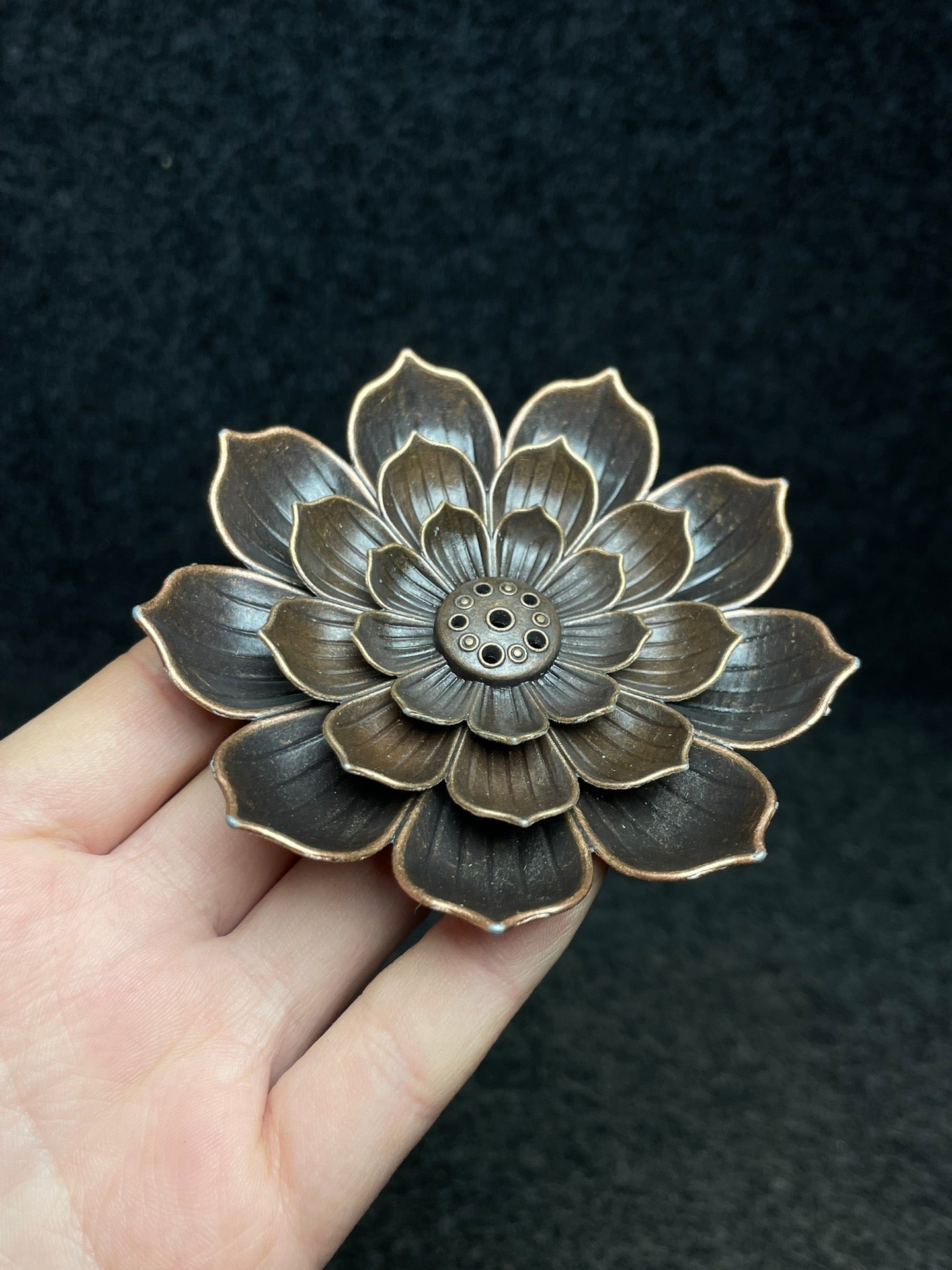 A2141 Vintage Chinese Copper Lotus Flower Incense Burning Tool & Huali Wood Inlay Gem Box