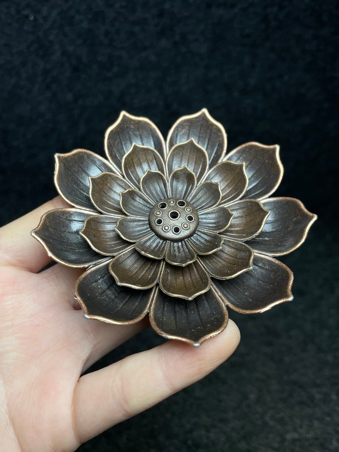 A2141 Vintage Chinese Copper Lotus Flower Incense Burning Tool & Huali Wood Inlay Gem Box