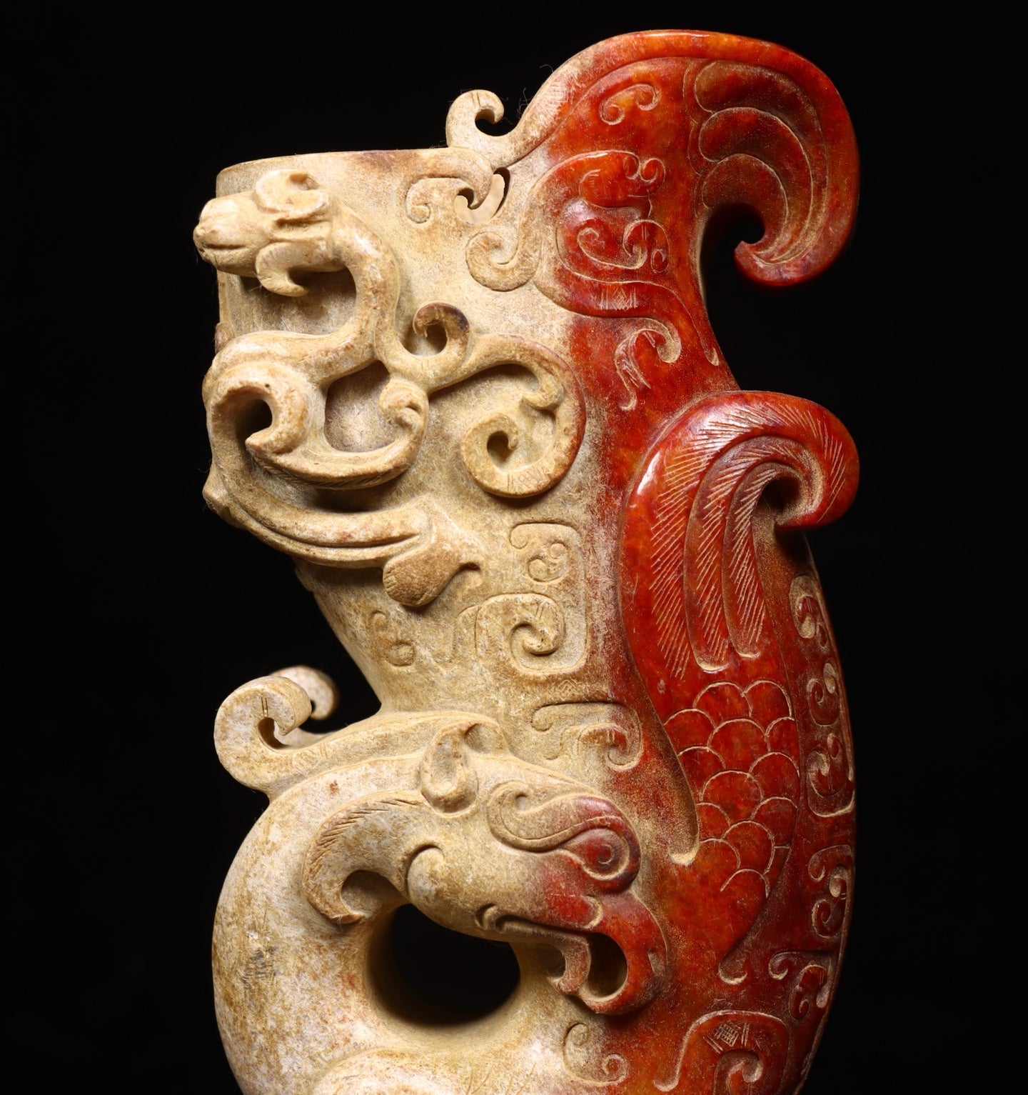 A2143 A Pair Superb Old Chinese Hetian Jade Dragon Phoenix Cups