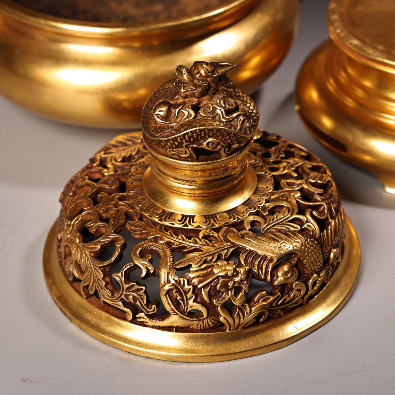 A2159 Chinese Gilt Gold Copper Double Ear Incense Burner