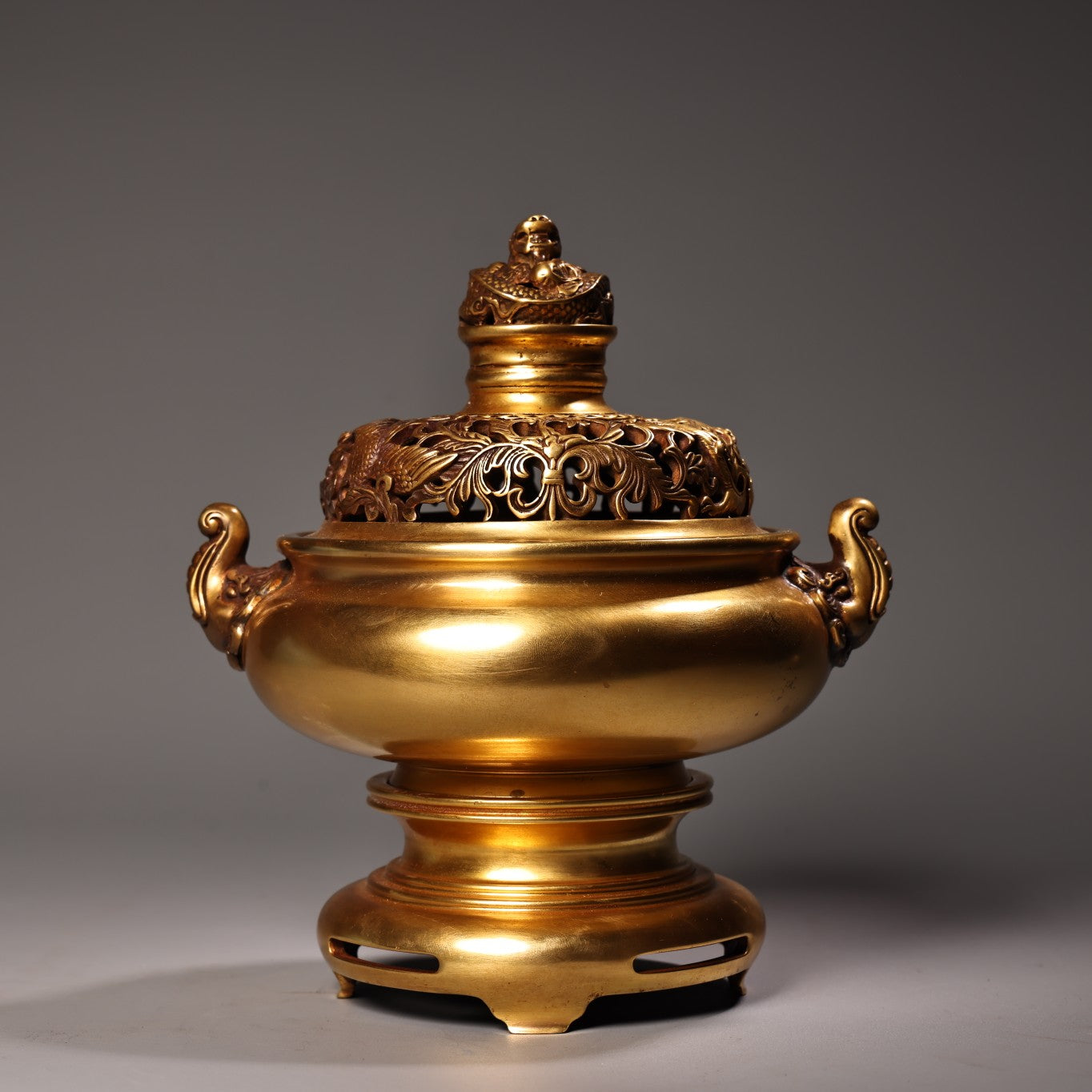 A2159 Chinese Gilt Gold Copper Double Ear Incense Burner