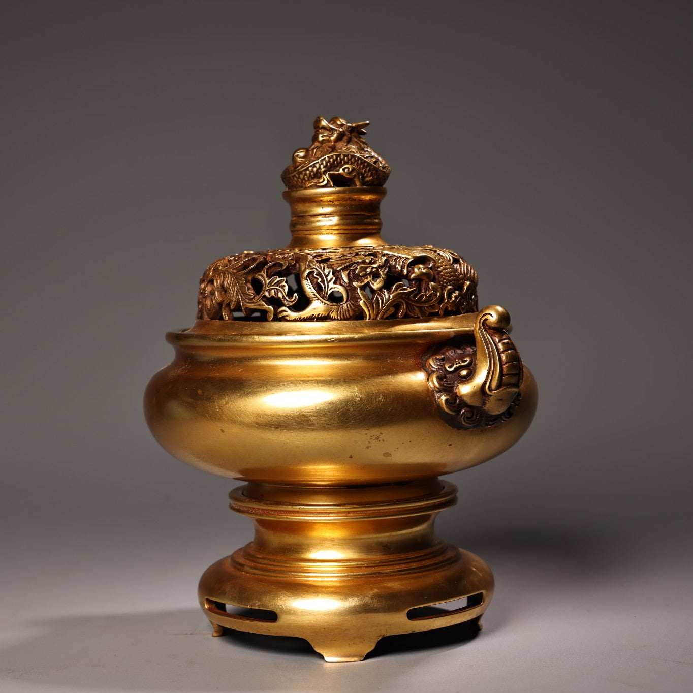 A2159 Chinese Gilt Gold Copper Double Ear Incense Burner