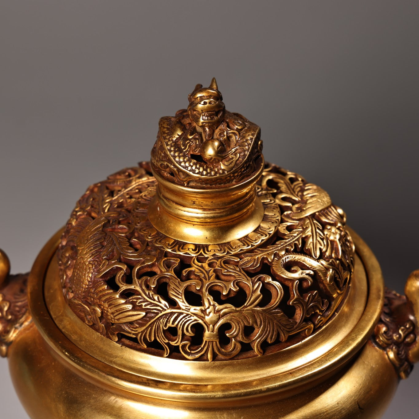A2159 Chinese Gilt Gold Copper Double Ear Incense Burner