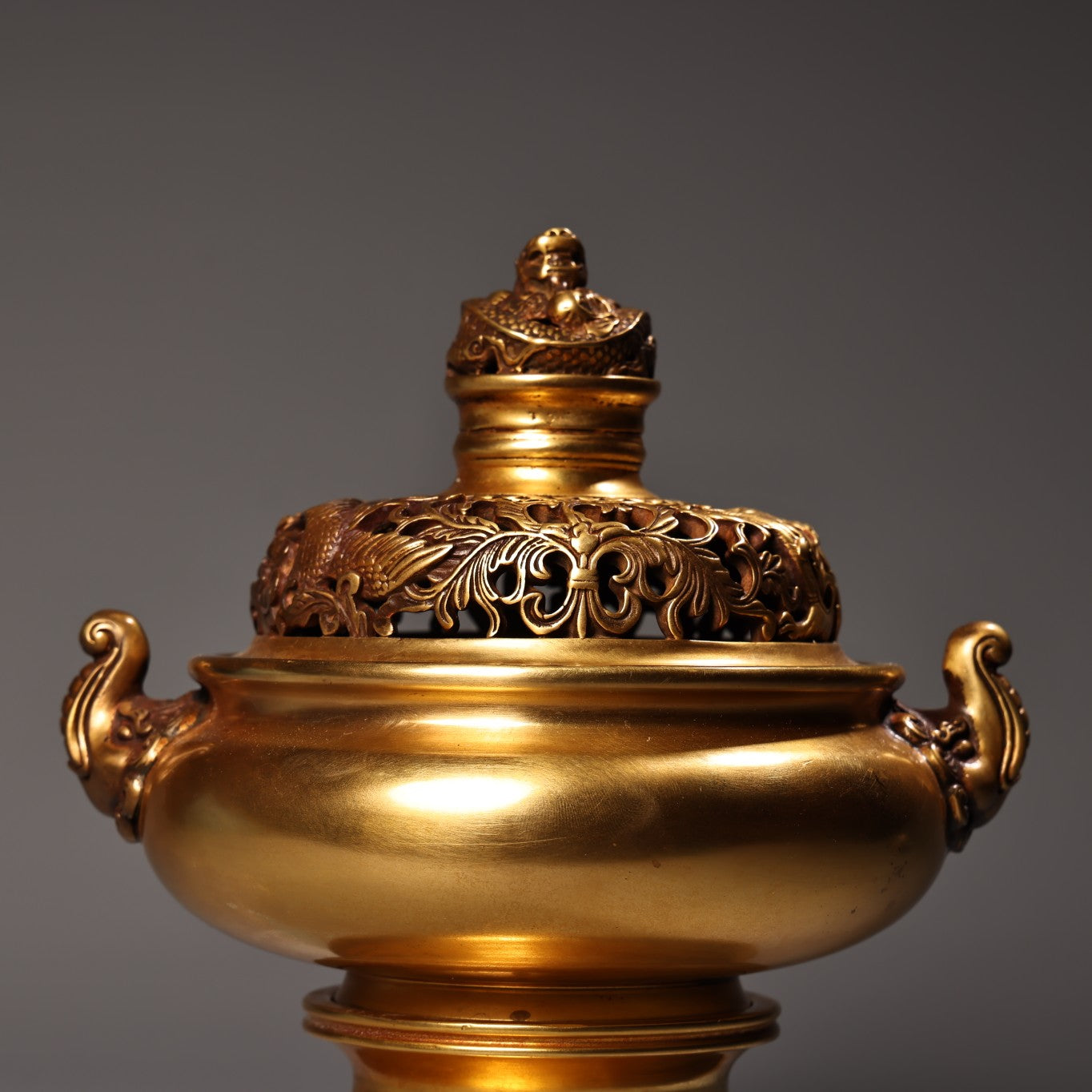 A2159 Chinese Gilt Gold Copper Double Ear Incense Burner