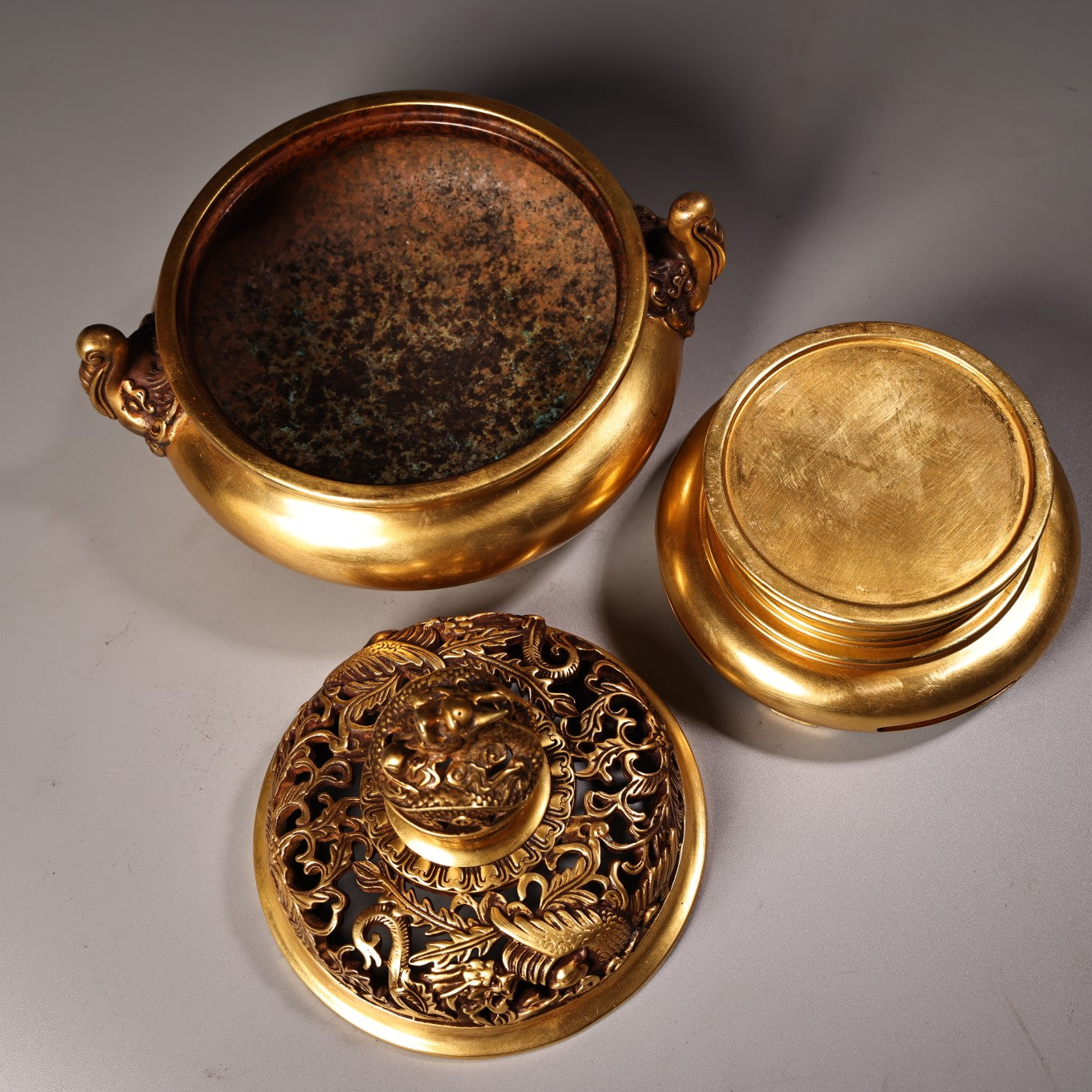 A2159 Chinese Gilt Gold Copper Double Ear Incense Burner