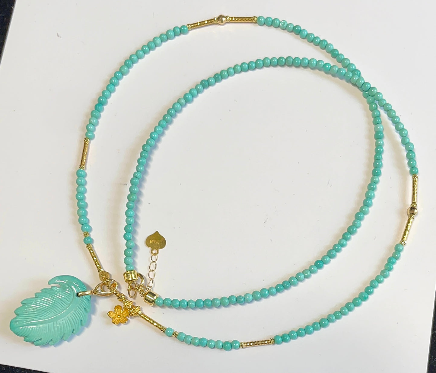 A2162 Hand Woven 18K Gold Inlay Turquoise Carved Feather Shape Pendant