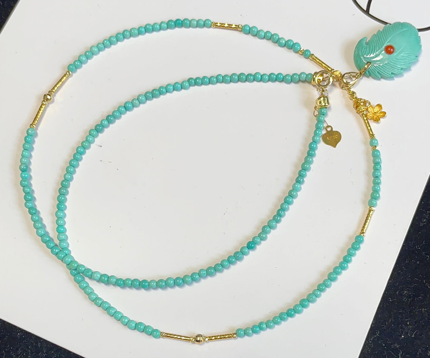 A2162 Hand Woven 18K Gold Inlay Turquoise Carved Feather Shape Pendant