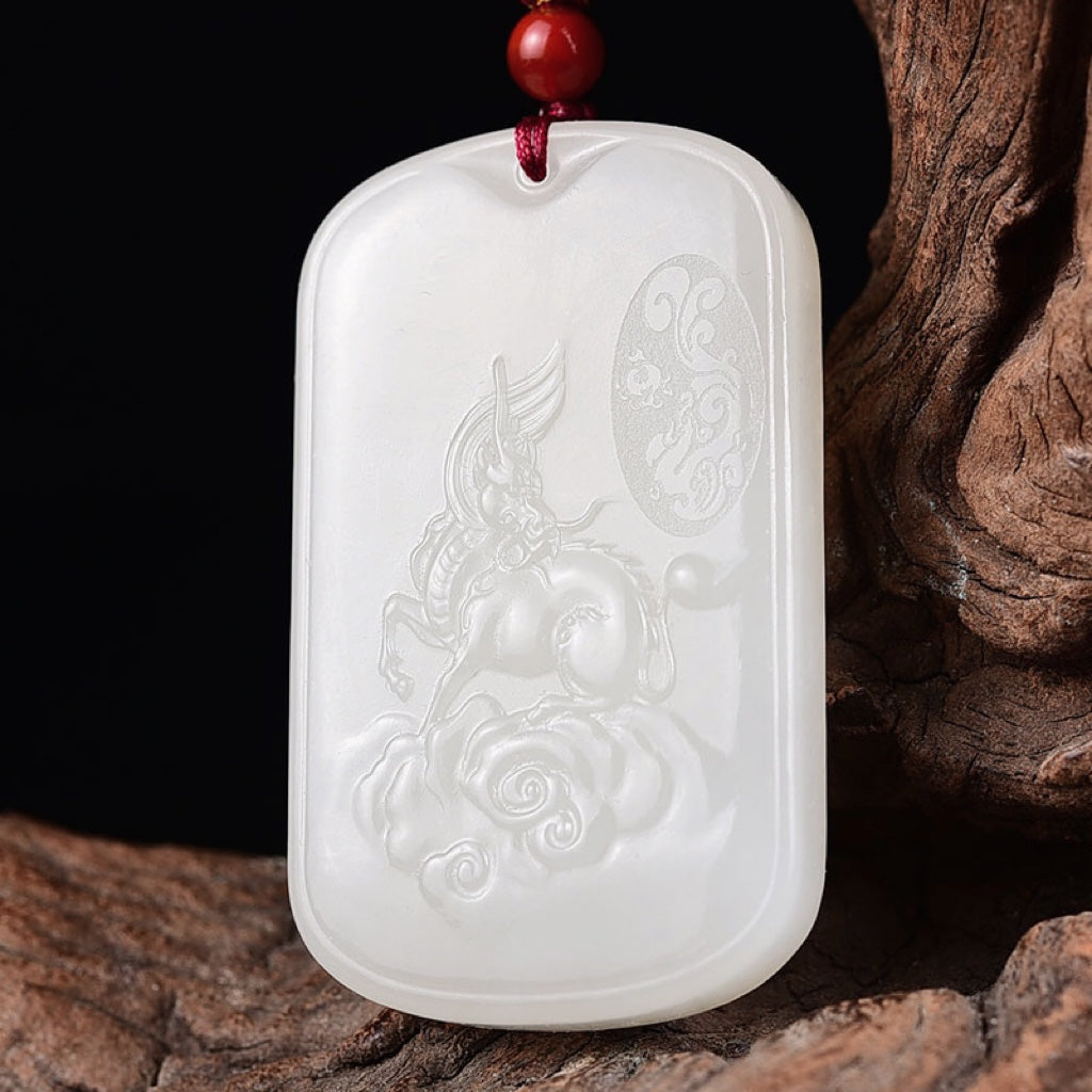 A2171 Chinese Natural Hetian Jade Low Relief Fortune Kylin Pendant w Certificate