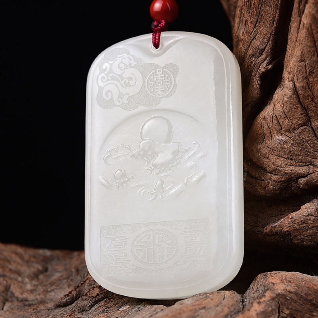 A2171 Chinese Natural Hetian Jade Low Relief Fortune Kylin Pendant w Certificate