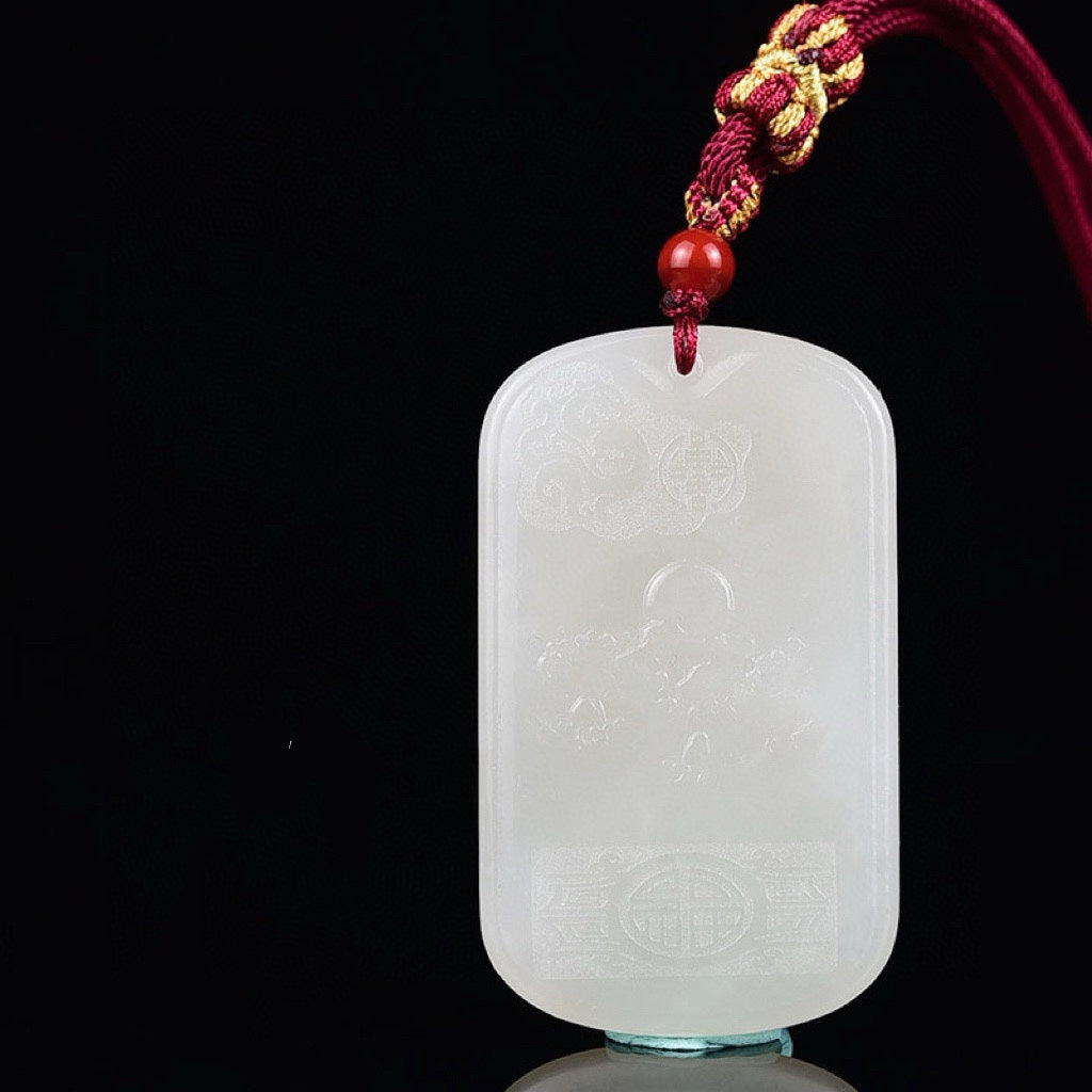 A2171 Chinese Natural Hetian Jade Low Relief Fortune Kylin Pendant w Certificate