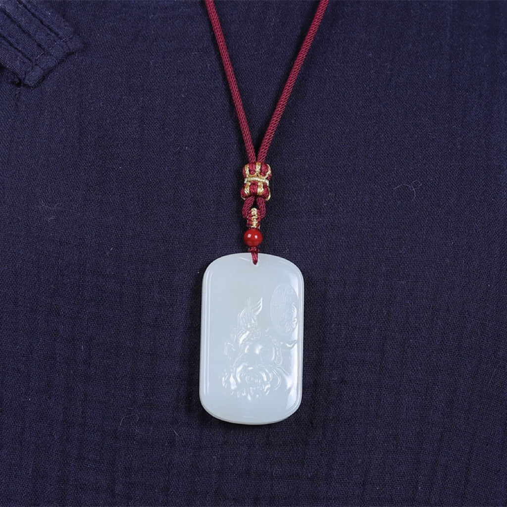 A2171 Chinese Natural Hetian Jade Low Relief Fortune Kylin Pendant w Certificate