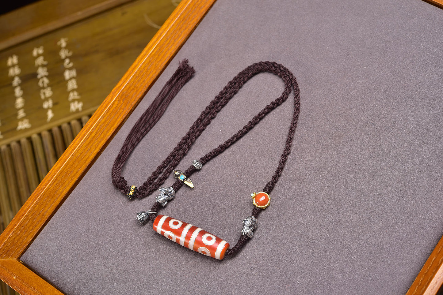 A2172 Old Tibetan Eight Eye DZI Agate Lucky Pendant w Hand Woven Necklace
