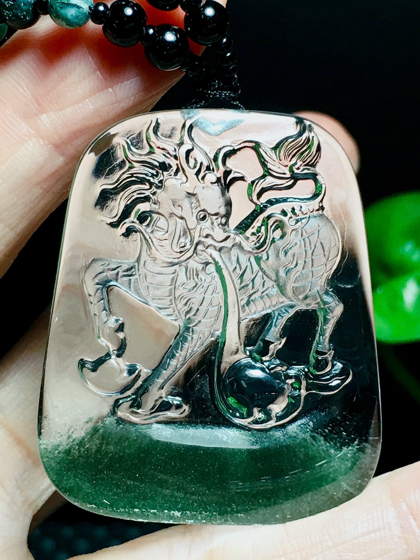 A2173 Beautiful Green Crystal Carved Fortune Kylin Pendant