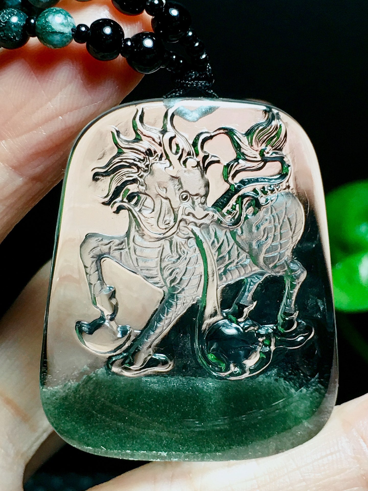 A2173 Beautiful Green Crystal Carved Fortune Kylin Pendant
