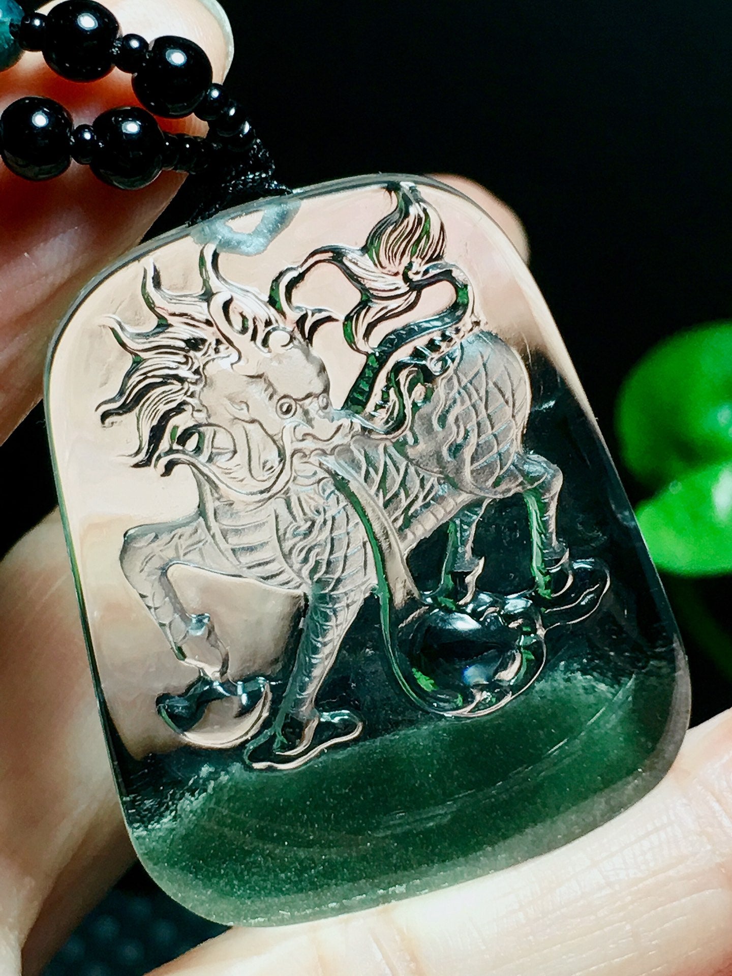 A2173 Beautiful Green Crystal Carved Fortune Kylin Pendant