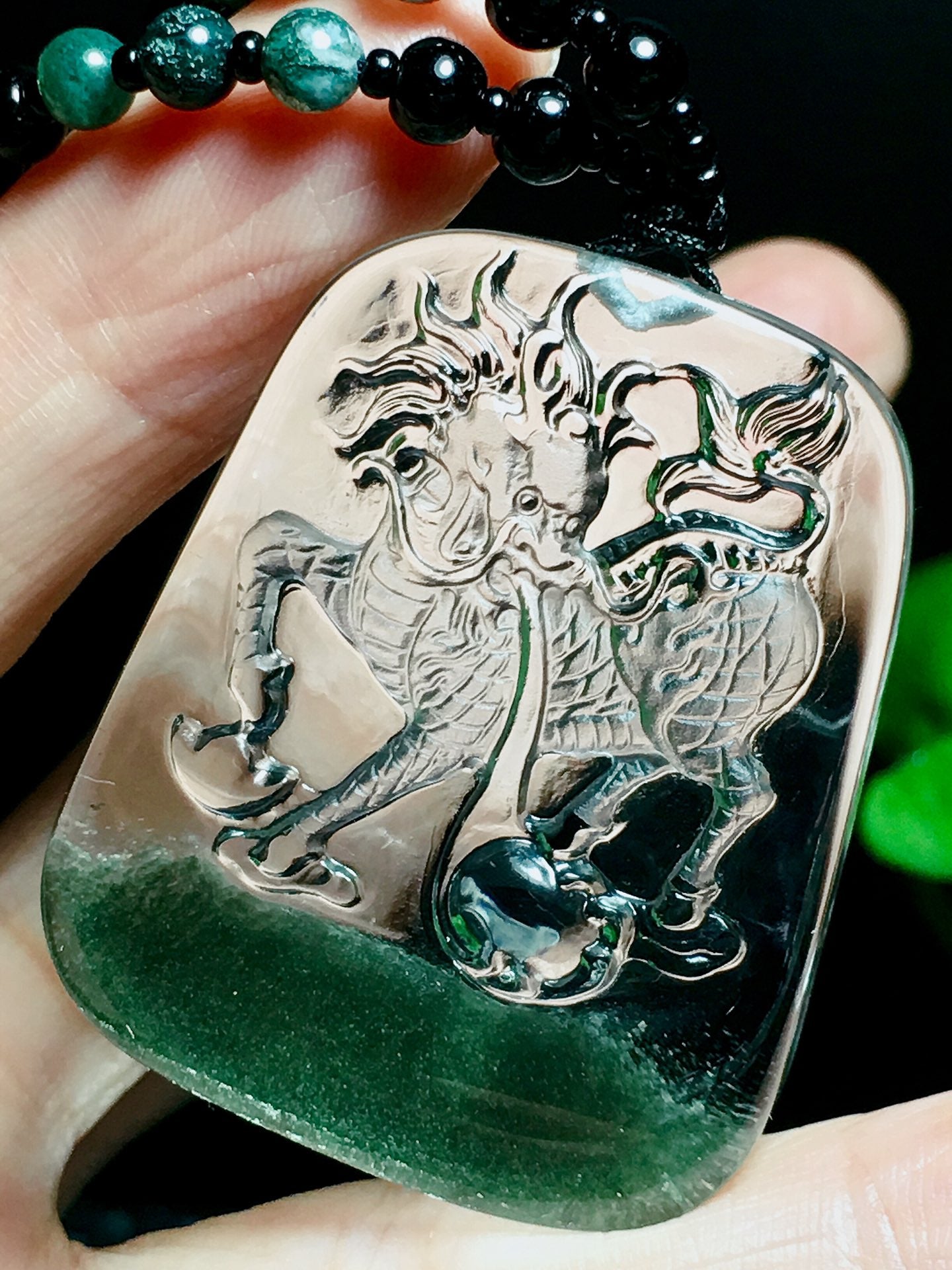 A2173 Beautiful Green Crystal Carved Fortune Kylin Pendant