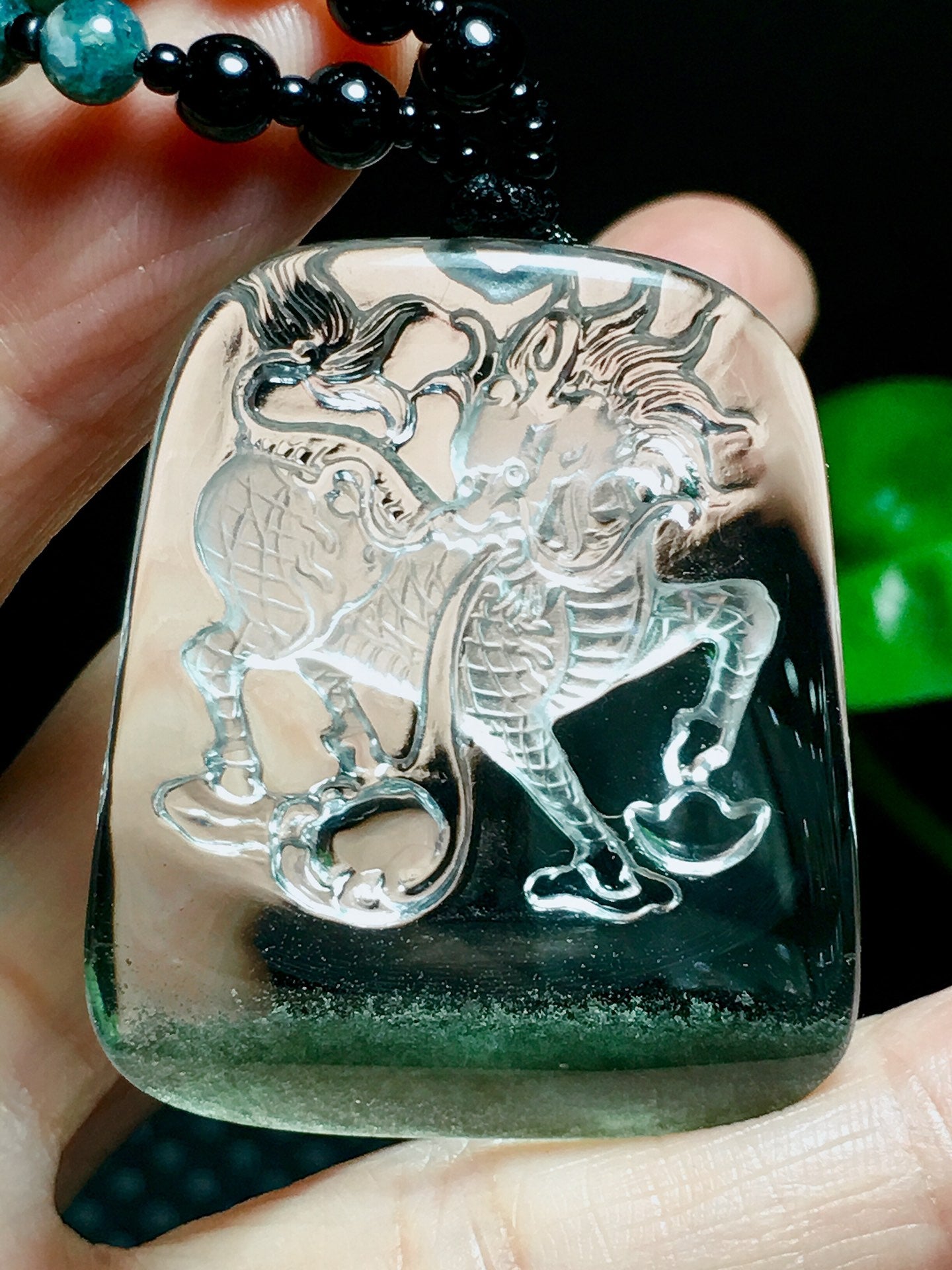 A2173 Beautiful Green Crystal Carved Fortune Kylin Pendant