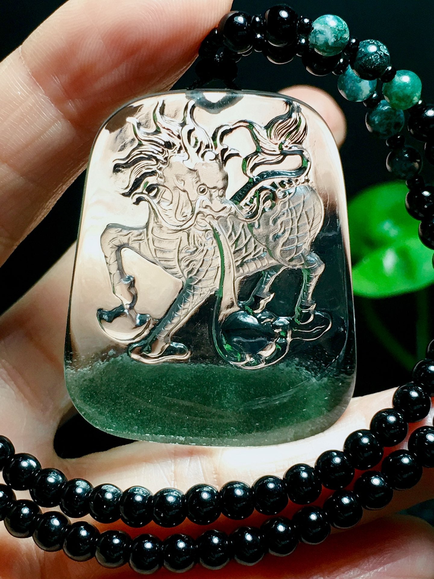 A2173 Beautiful Green Crystal Carved Fortune Kylin Pendant