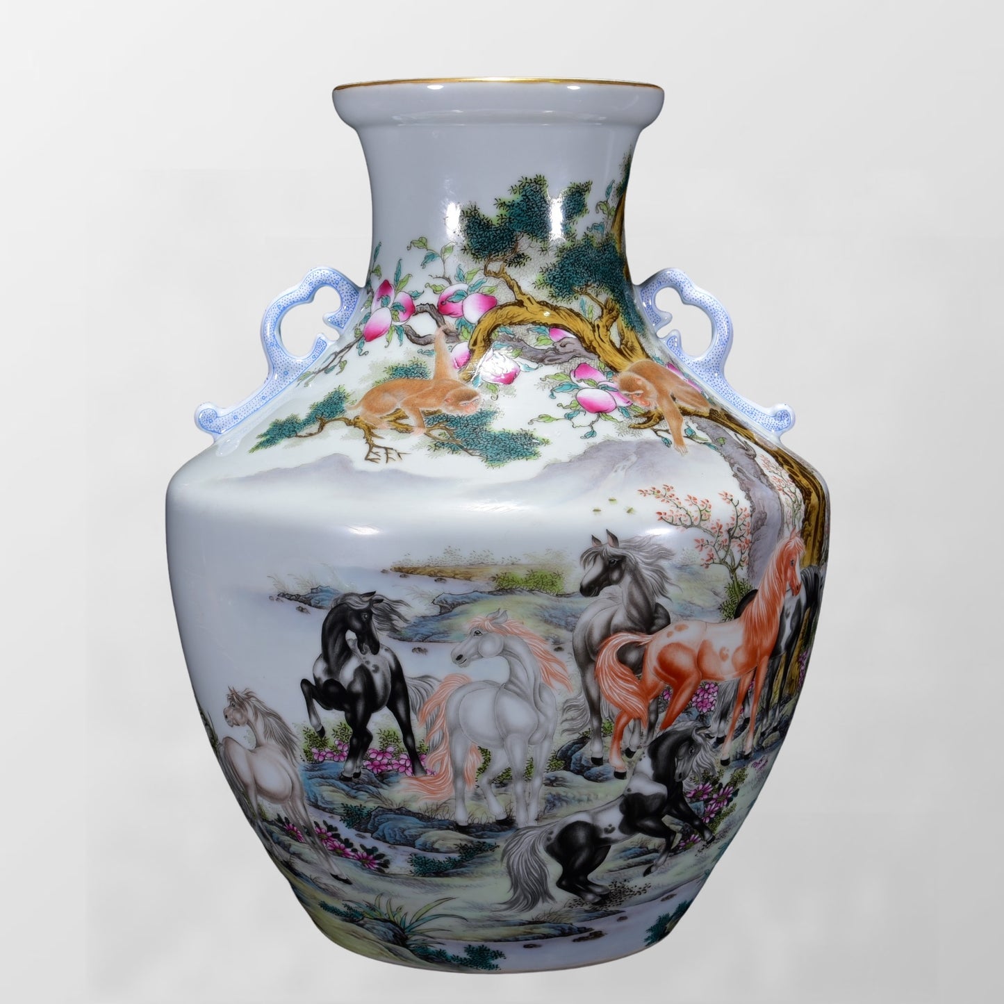 A2177 Chinese Gilt Edge Famille Rose Horse & Monkey Design Porcelain Vase