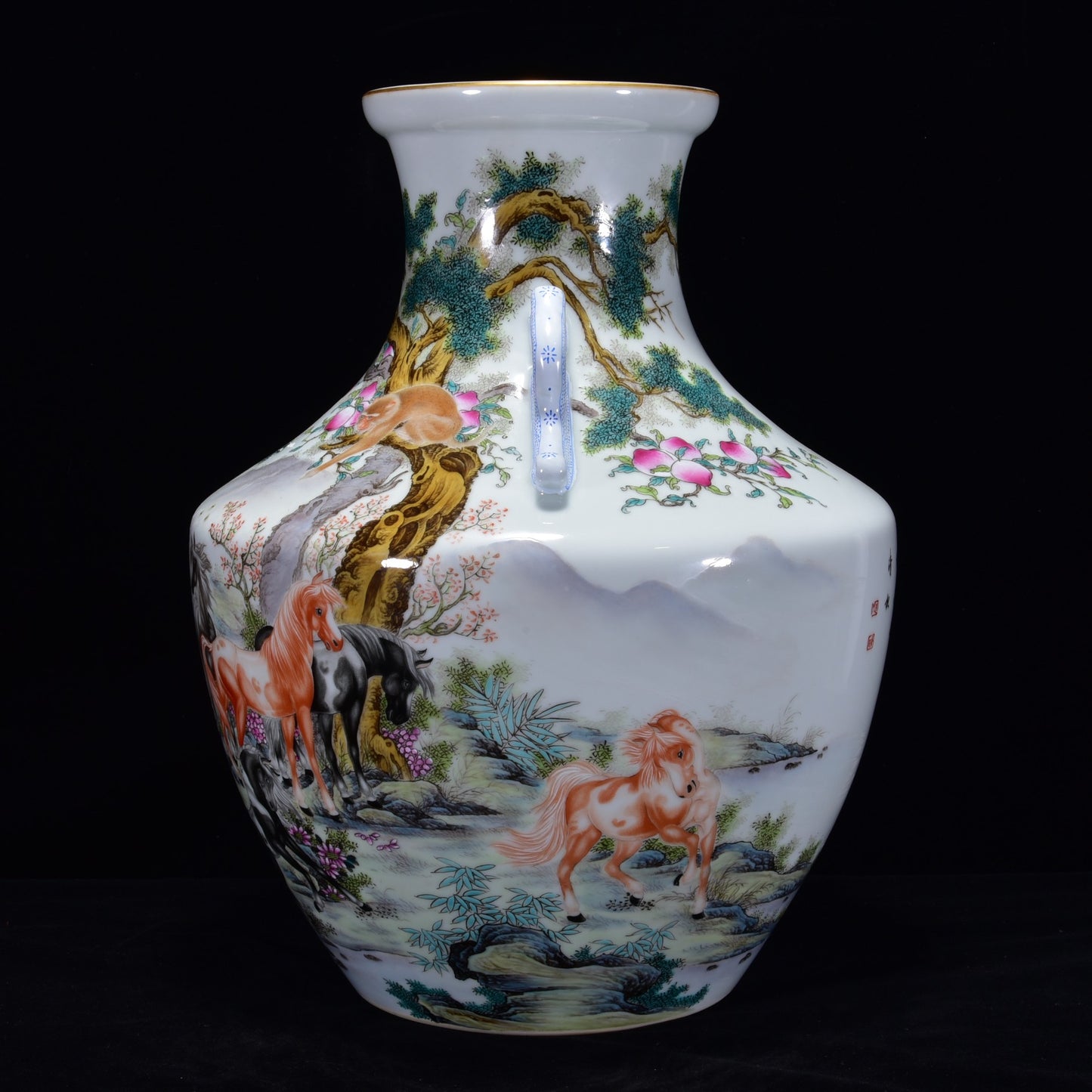 A2177 Chinese Gilt Edge Famille Rose Horse & Monkey Design Porcelain Vase
