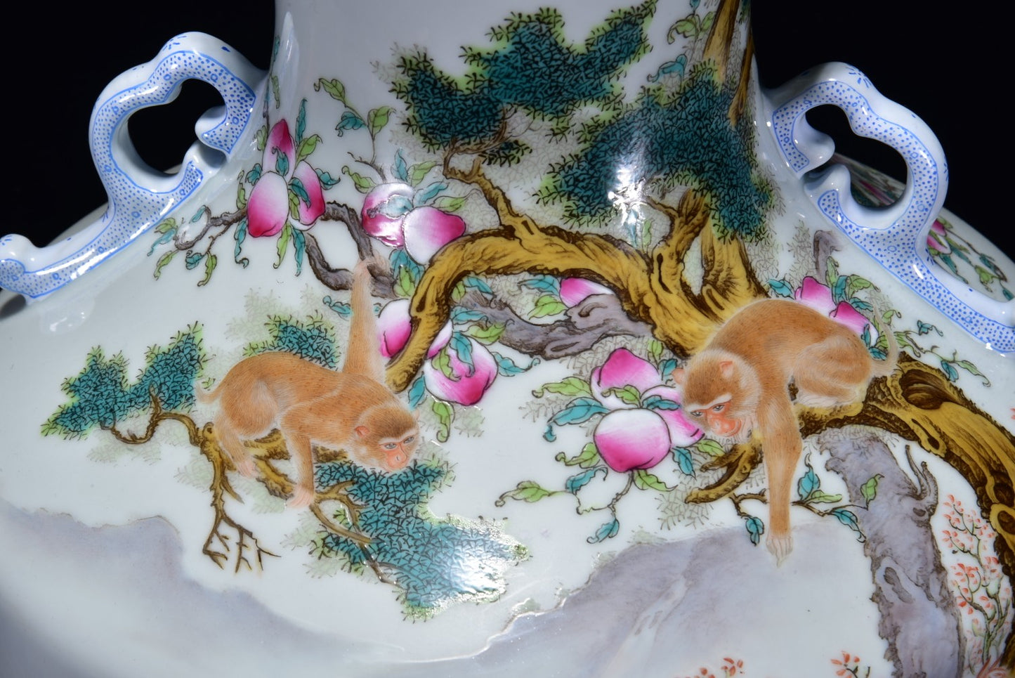 A2177 Chinese Gilt Edge Famille Rose Horse & Monkey Design Porcelain Vase