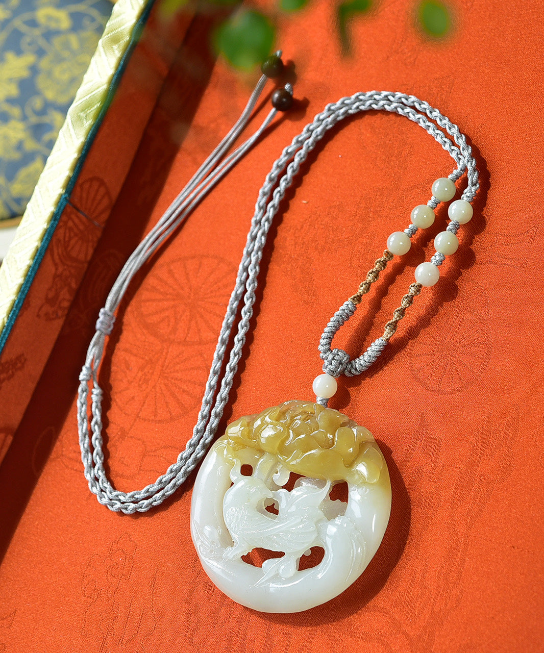 A2179 Openwork Chinese Hetian Jade Carved Phoenix & Peony Pendant w Hand Woven Necklace