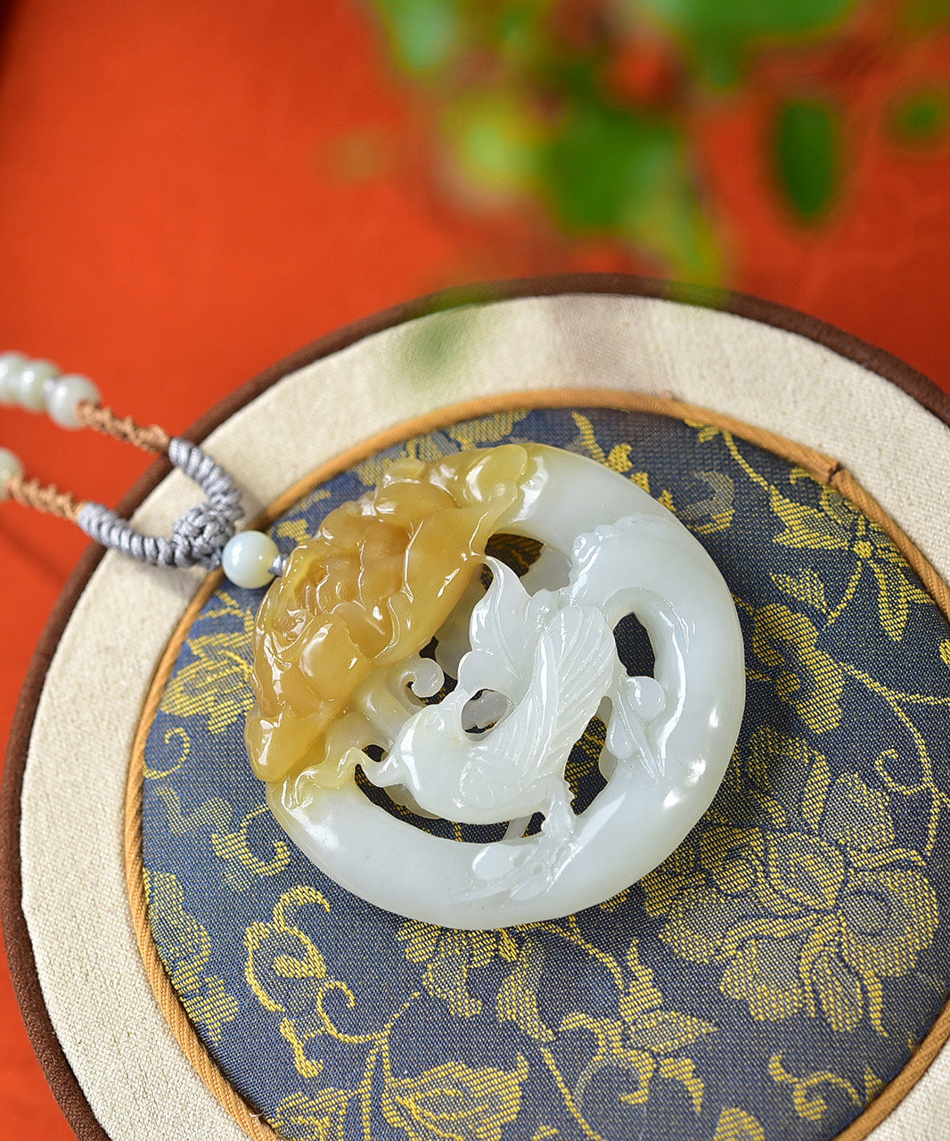 A2179 Openwork Chinese Hetian Jade Carved Phoenix & Peony Pendant w Hand Woven Necklace