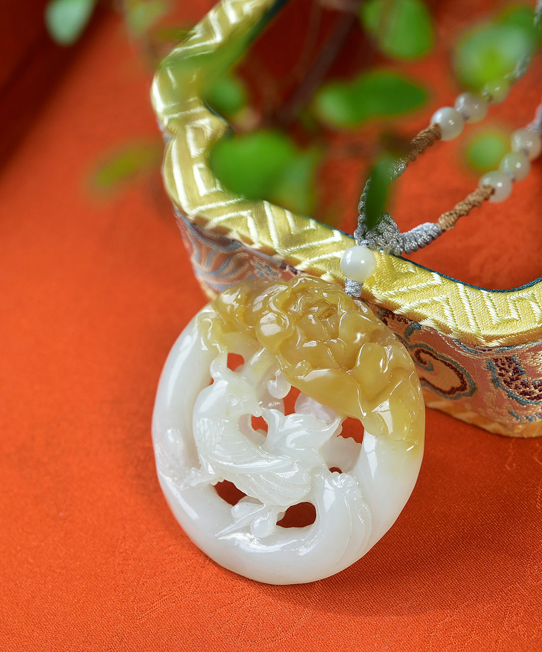 A2179 Openwork Chinese Hetian Jade Carved Phoenix & Peony Pendant w Hand Woven Necklace