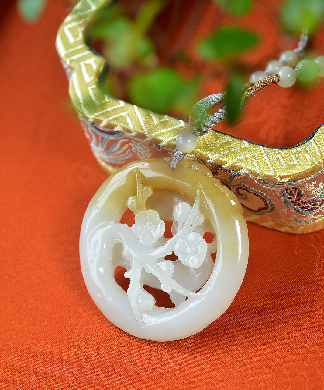 A2179 Openwork Chinese Hetian Jade Carved Phoenix & Peony Pendant w Hand Woven Necklace