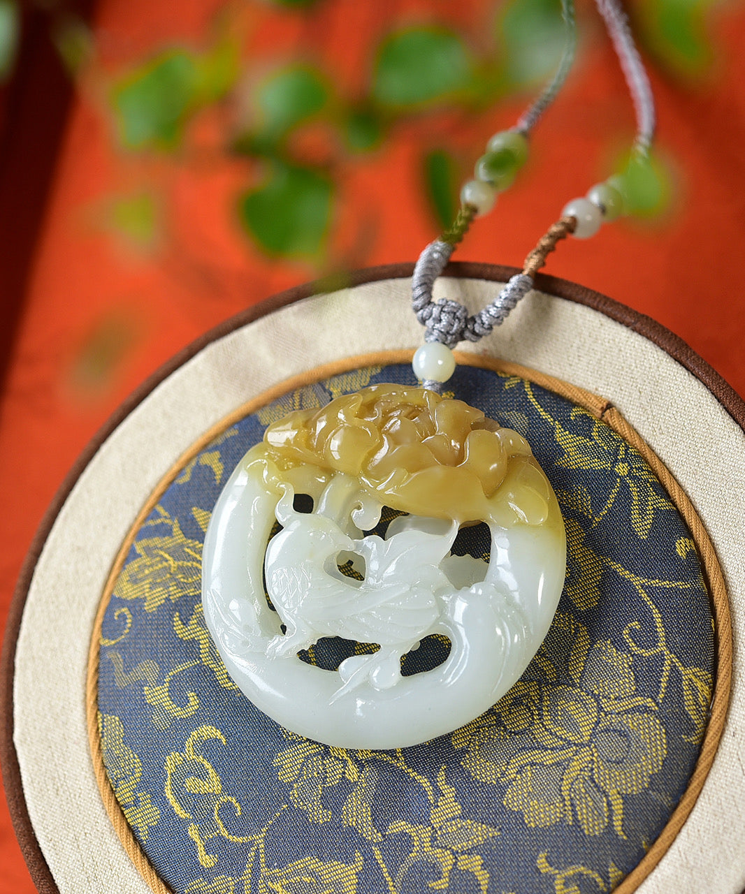 A2179 Openwork Chinese Hetian Jade Carved Phoenix & Peony Pendant w Hand Woven Necklace