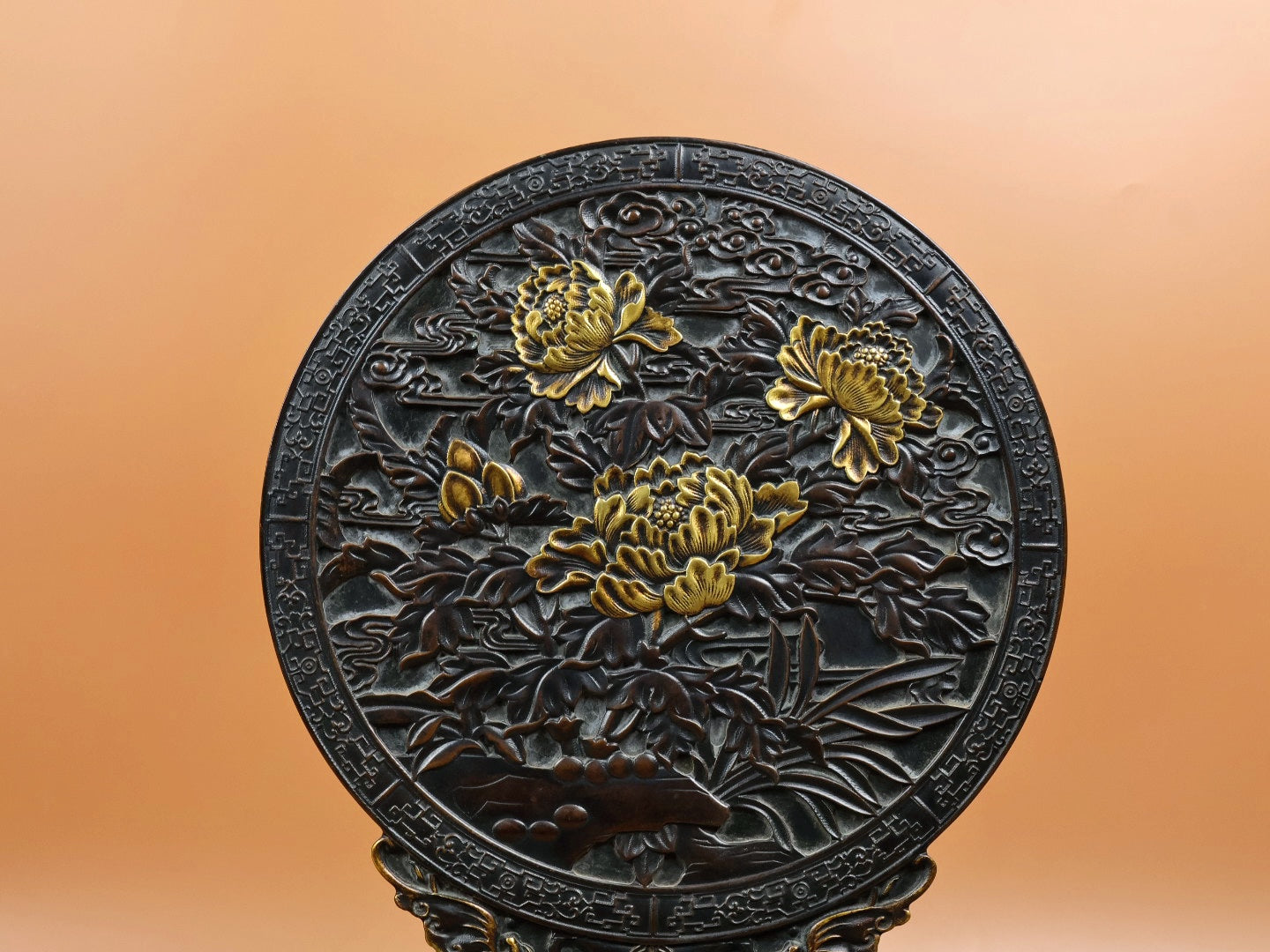 A2183 Chinese Gilt Gold Copper Low Relief Peony Design Screen