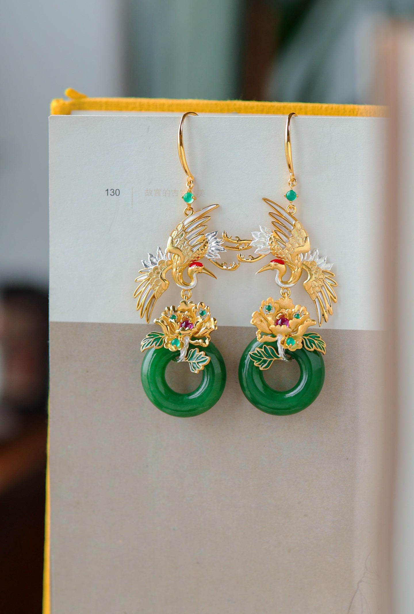 A2187 A Pair Beautiful Silver Plated Gilt Gold Enamel Inlay Green Hetian Jade Earring