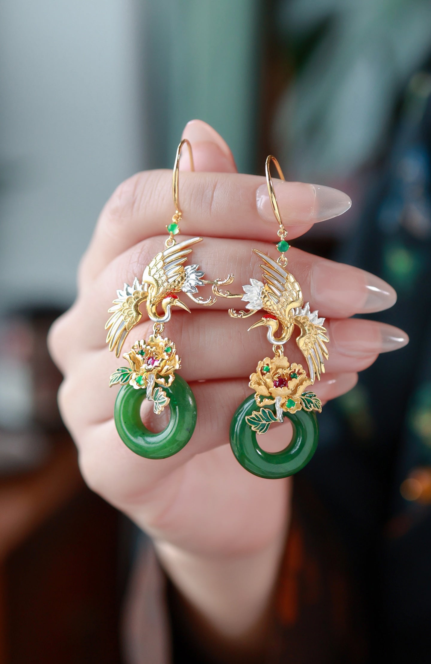 A2187 A Pair Beautiful Silver Plated Gilt Gold Enamel Inlay Green Hetian Jade Earring