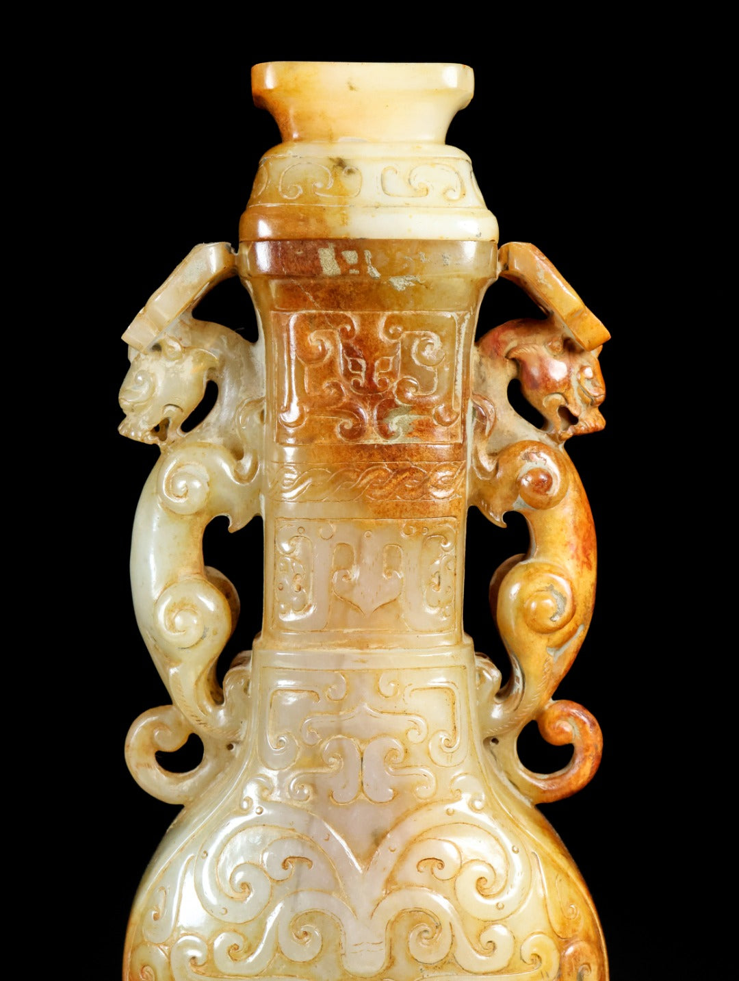 A2188 Superb Vintage Chinese Hetian Jade Carved Double Ear Beast Vase