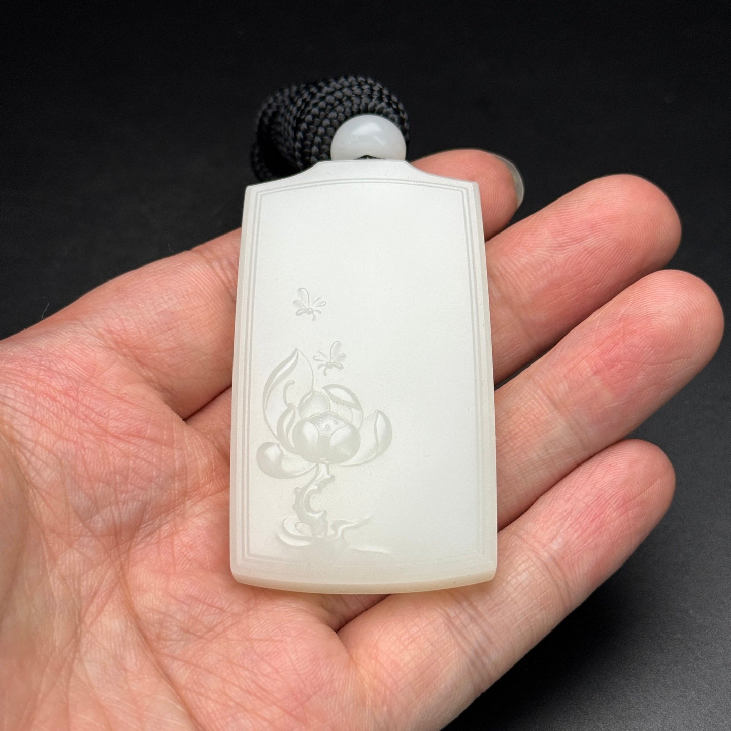 A2190 Chinese Natural Hetian Jade Low Relief Lotus Flower Pendant
