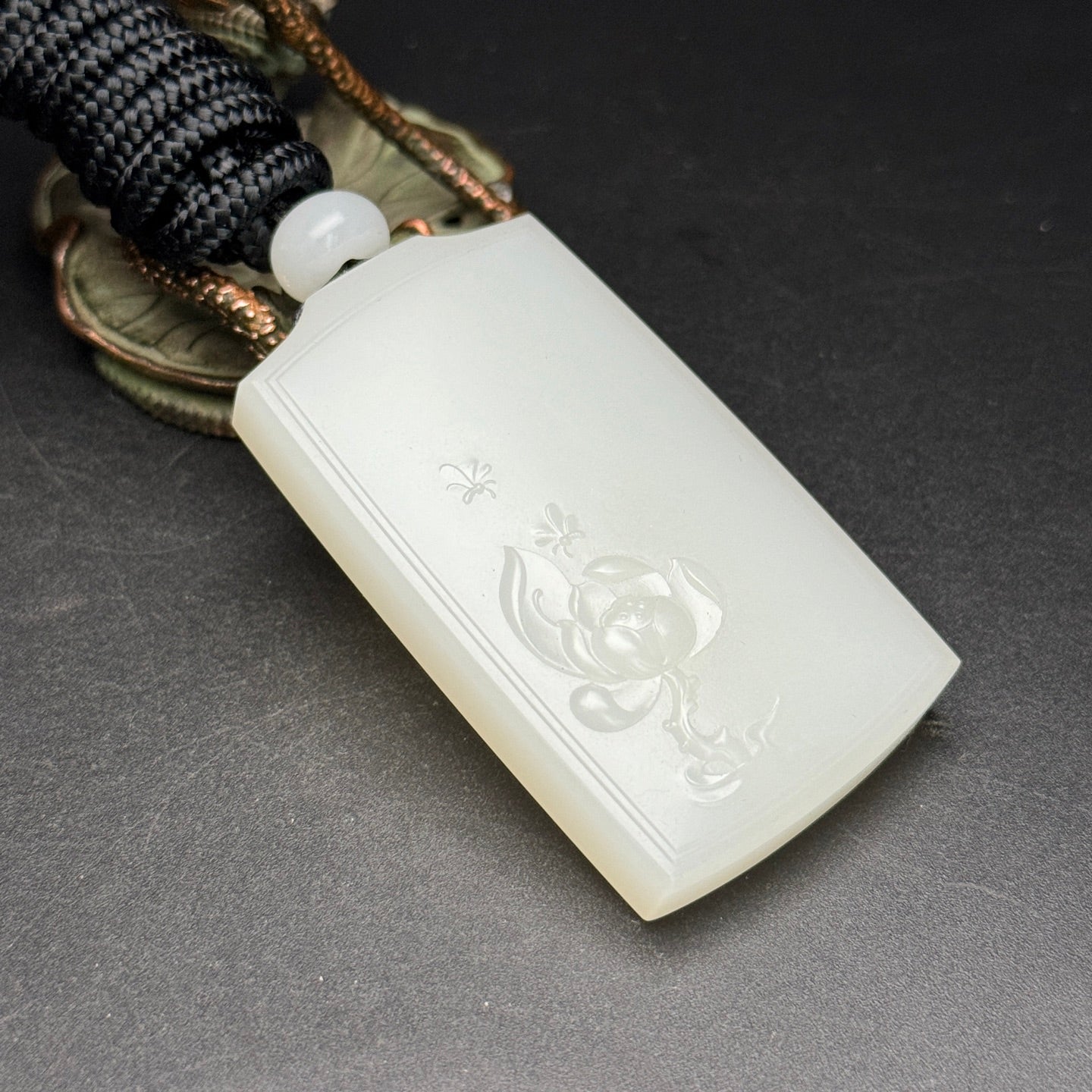 A2190 Chinese Natural Hetian Jade Low Relief Lotus Flower Pendant
